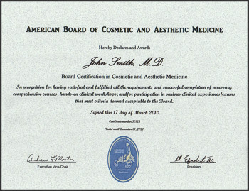 Certificate for the American Board of Cosmetic and Aesthetic Medicine